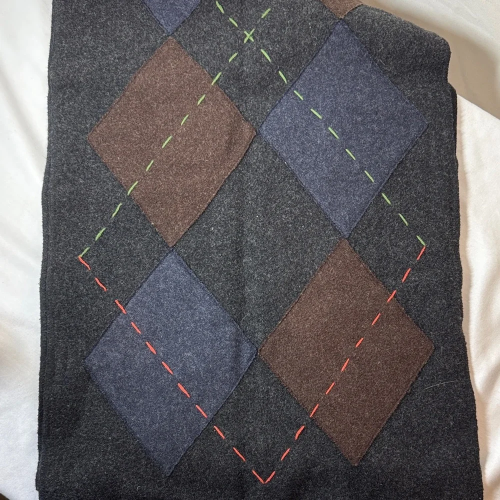 GAP Charcoal Wool Blend Scarf W/Blue & Brown Patches & Decorative Stitching